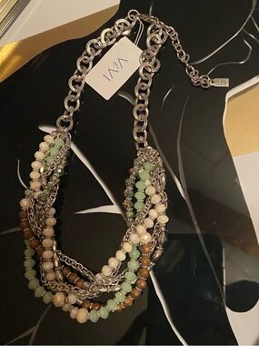 ViVI Multi-Strand Necklace in Mint Green, Cream and Brown-Brand New
